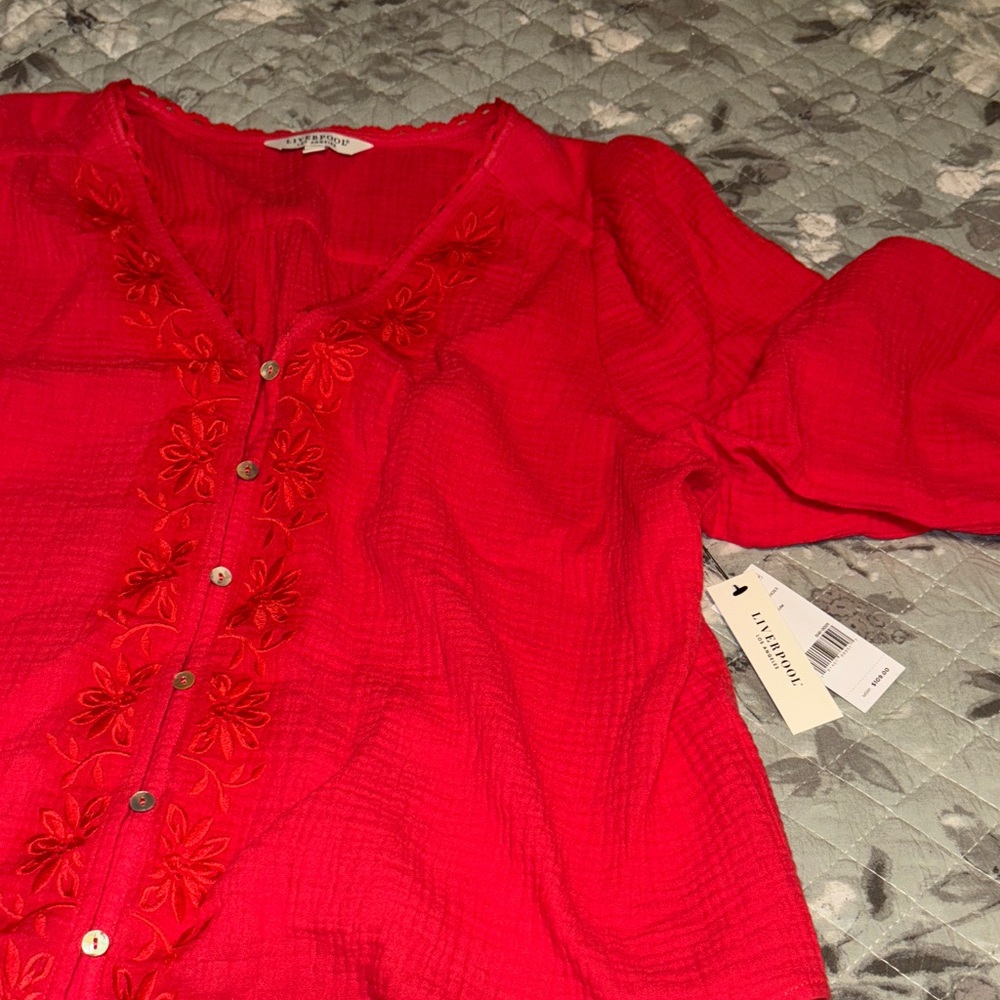 Liverpool Los Angeles Red Embroidered Button-Up Top